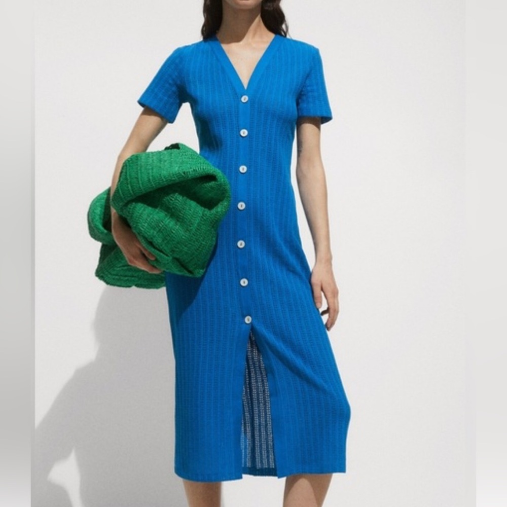Mango Ribbed V‑Neck Button‑Front Midi Dress in Bright Blue